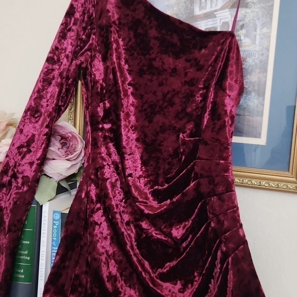 Eliza J Velvet Wine color One Sleeve Dress Date Night Formal Sexy Flirty - Picture 10 of 11